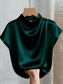 SHEIN Women Summer Dark Green Satin Casual Shirt,Elegant Stand Collar Blouse  Shoulder Button Decor,Pleated Shoulder,Office Autumn Work Evening Graduation - Green - View 5