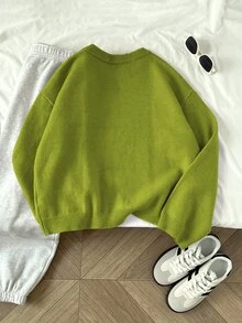Elamini Women's Solid Color Crew Neck Long Sleeve Casual Pullover Sweater, Autumn/Winter, Christmas - Green - View 2