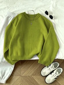 Elamini Women's Solid Color Crew Neck Long Sleeve Casual Pullover Sweater, Autumn/Winter, Christmas - Green - View 1