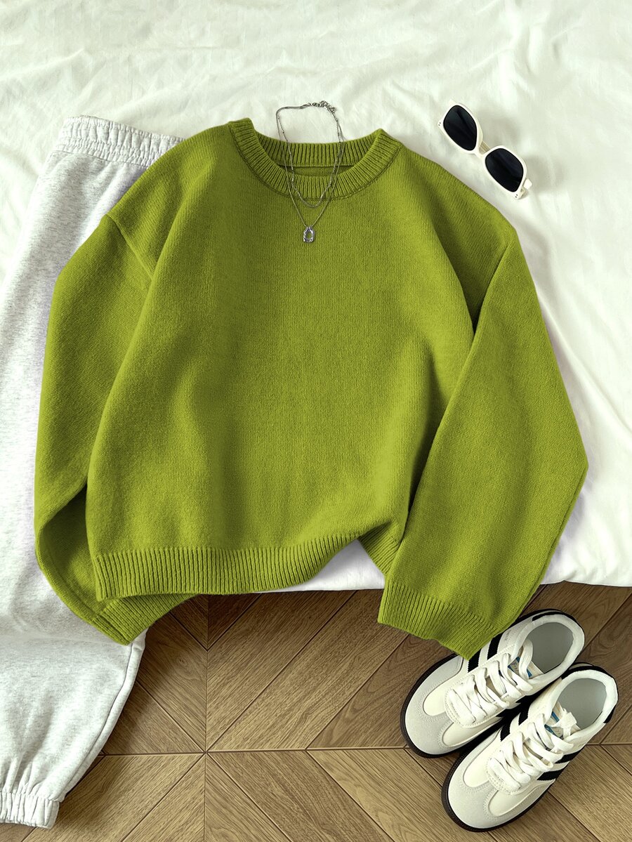 Elamini Women's Solid Color Crew Neck Long Sleeve Casual Pullover Sweater, Autumn/Winter, Christmas - Green - View 1