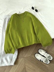 Elamini Women's Solid Color Crew Neck Long Sleeve Casual Pullover Sweater, Autumn/Winter, Christmas - Green - View 3