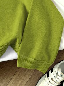 Elamini Women's Solid Color Crew Neck Long Sleeve Casual Pullover Sweater, Autumn/Winter, Christmas - Green - View 6