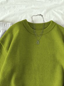 Elamini Women's Solid Color Crew Neck Long Sleeve Casual Pullover Sweater, Autumn/Winter, Christmas - Green - View 4