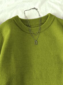 Elamini Women's Solid Color Crew Neck Long Sleeve Casual Pullover Sweater, Autumn/Winter, Christmas - Green - View 5