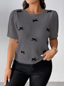 Vionelle Minimalist Cute Casual 3D Bow Decor Crew Neck Knit Sweater, Plus Size - Dark Grey - View 4