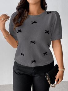 Vionelle Minimalist Cute Casual 3D Bow Decor Crew Neck Knit Sweater, Plus Size - Dark Grey - View 7