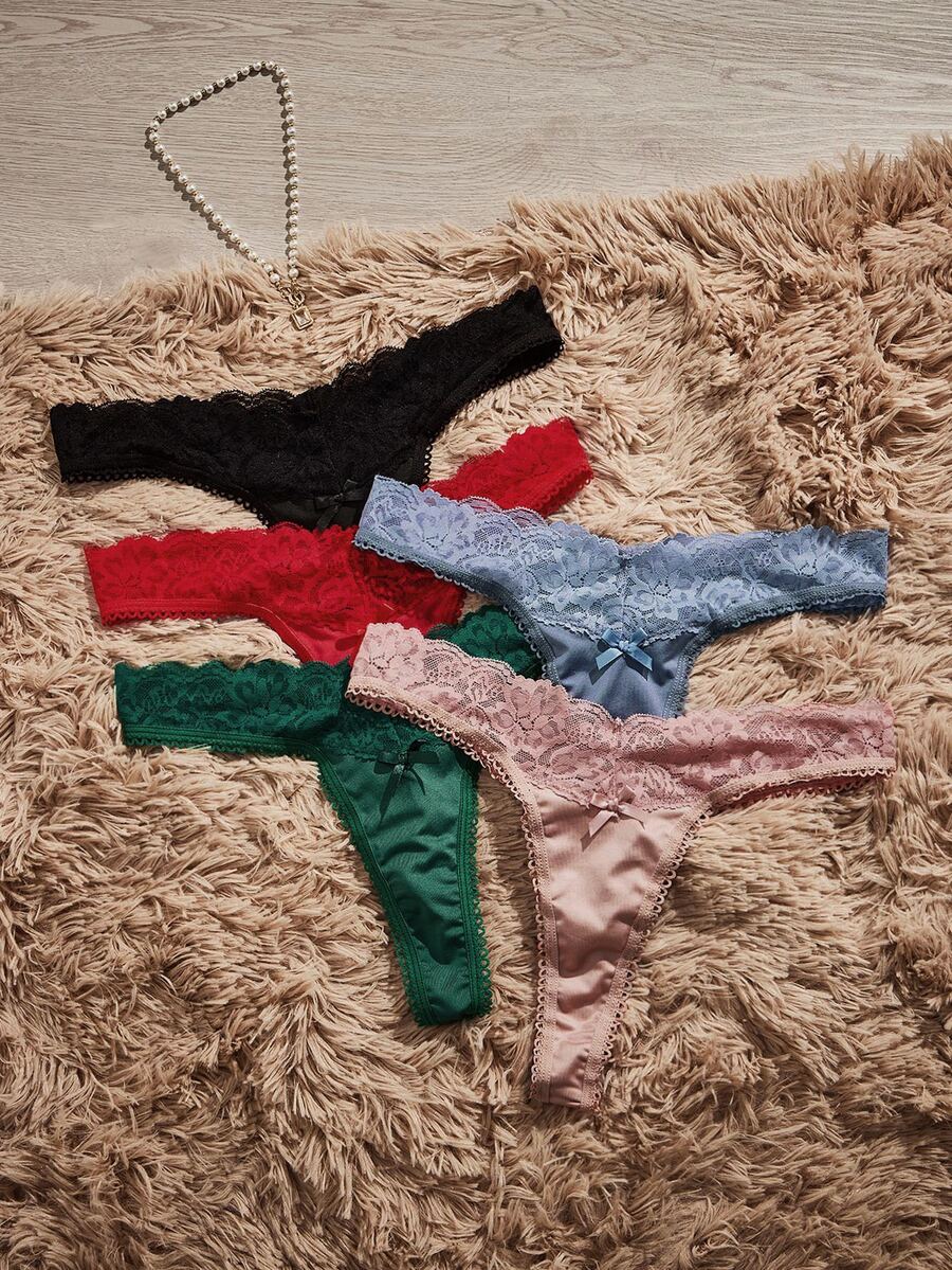 HautHeat 5pcs Lace Patchwork Sexy Multi-Color Set Comfortable Daily Women's Thongs - Multicolor - View 1