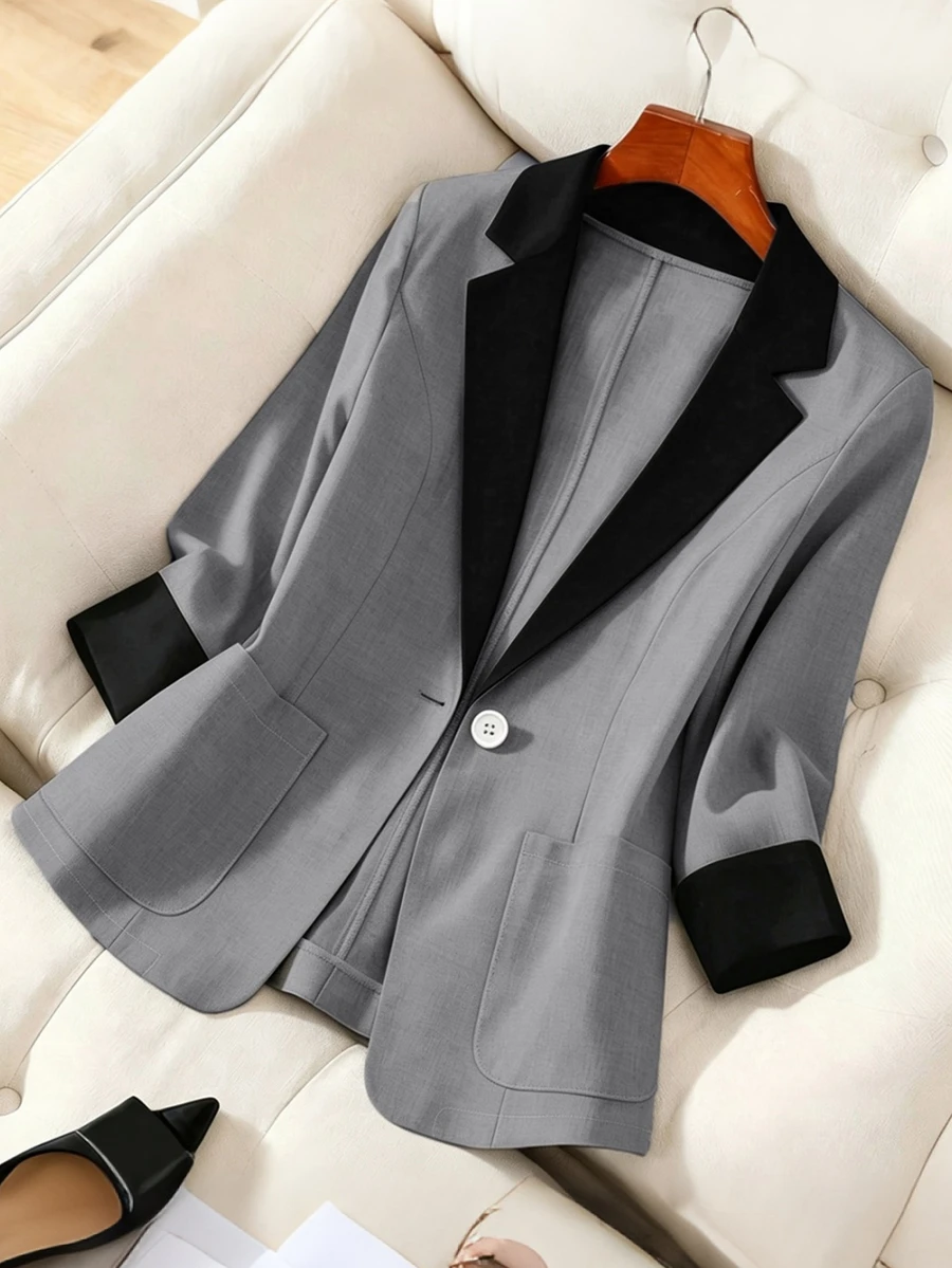 Franclia Women's Fall Contrast Color Lapel Casual Elegant Commute 3/4 Sleeve Lightweight Blazer Jacket Office Work Business Grey - Light Grey - View 1