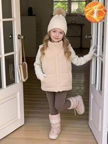 SHEIN Elladie kids 女童秋季燈芯絨復古立領拉鍊短版背心，保暖內裡加厚經典百搭，日常通勤戶外保暖層搭 - 杏色 - 查看 2