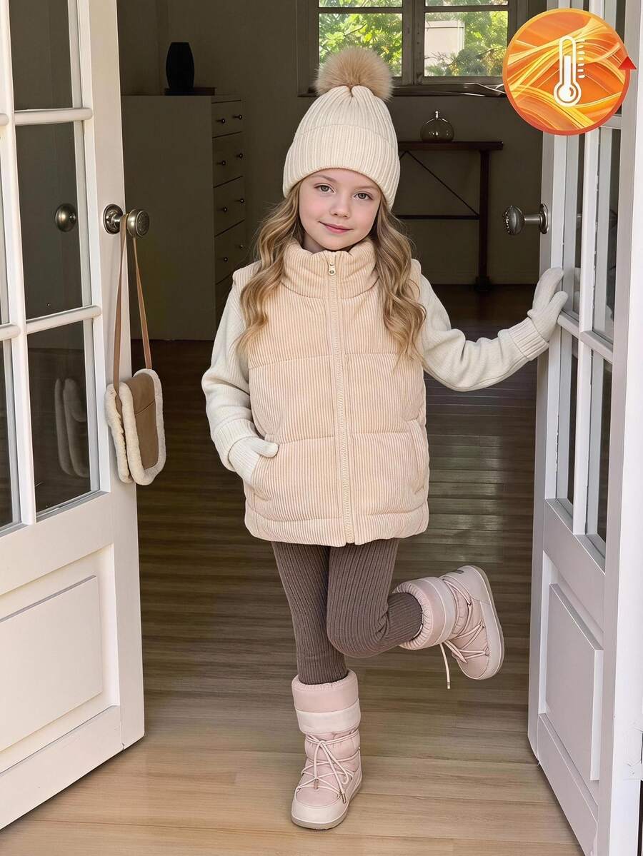 SHEIN Elladie kids 女童秋季燈芯絨復古立領拉鍊短版背心，保暖內裡加厚經典百搭，日常通勤戶外保暖層搭