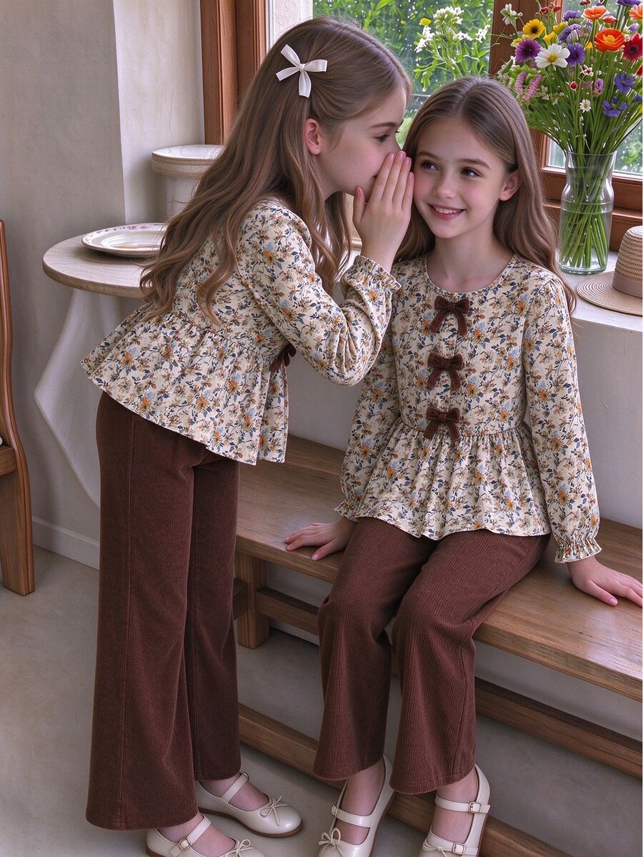 2pcs/Set Tween Girls Vintage Pastoral Floral Puff Sleeve Button-Up Cinched Waist Top & Ribbed Flared Long Pants Outfit, Spring/Autumn, School, Travel, Daily Wear - Multicolor - View 1
