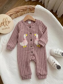 SHEIN Newborn Baby Girl Cute Casual Knitted Duck Pattern Long Sleeve Romper - Dusty Pink - View 4