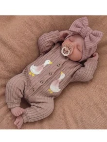 SHEIN Newborn Baby Girl Cute Casual Knitted Duck Pattern Long Sleeve Romper - Dusty Pink - View 1
