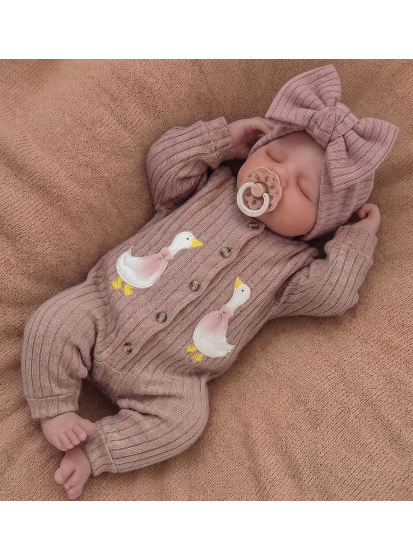 SHEIN Newborn Baby Girl Cute Casual Knitted Duck Pattern Long Sleeve Romper - Dusty Pink - View 1