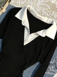 Franclia Plus Size Women Patchwork Shirt Collar Long Sleeve Casual T-Shirt Fall - Black and White - View 3