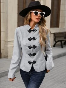 Brillora Women's "New Chinese Style" Jacket Mandarin Collar Button Closures Napoleon-Style Suitable For Work Going Out Smart Casual,Stripe Jacket - Black and White - View 6