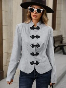 Brillora Women's "New Chinese Style" Jacket Mandarin Collar Button Closures Napoleon-Style Suitable For Work Going Out Smart Casual,Stripe Jacket - Black and White - View 2