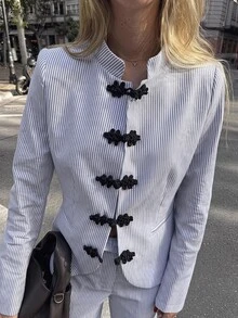 Brillora Women's "New Chinese Style" Jacket Mandarin Collar Button Closures Napoleon-Style Suitable For Work Going Out Smart Casual,Stripe Jacket - Black and White - View 9