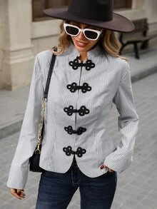 Brillora Women's "New Chinese Style" Jacket Mandarin Collar Button Closures Napoleon-Style Suitable For Work Going Out Smart Casual,Stripe Jacket - Black and White - View 7
