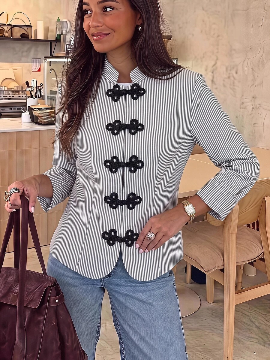 Brillora Women's "New Chinese Style" Jacket Mandarin Collar Button Closures Napoleon-Style Suitable For Work Going Out Smart Casual,Stripe Jacket - Black and White - View 1