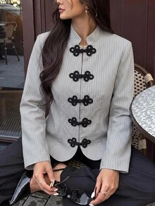 Brillora Women's "New Chinese Style" Jacket Mandarin Collar Button Closures Napoleon-Style Suitable For Work Going Out Smart Casual,Stripe Jacket - Black and White - View 13