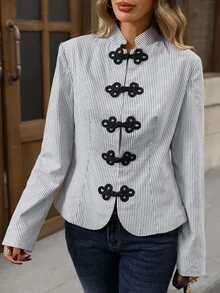 Brillora Women's "New Chinese Style" Jacket Mandarin Collar Button Closures Napoleon-Style Suitable For Work Going Out Smart Casual,Stripe Jacket - Black and White - View 17