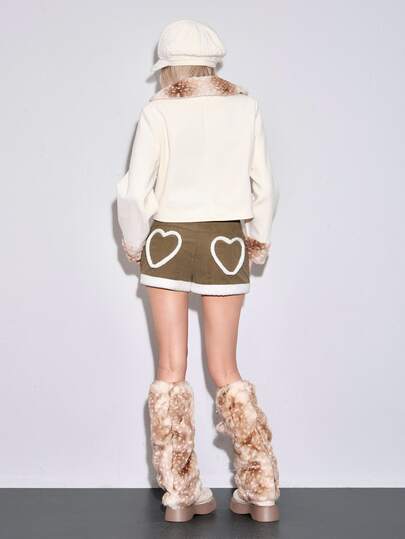 Sweetness Shorts ultra taille basse pour femmes automne/hiver avec poche en forme de cœur et patchwork en peluche