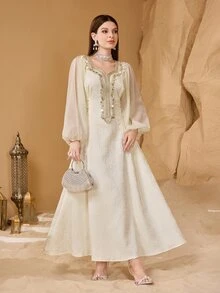 SHEIN Najma 浪漫复古灯笼袖花卉拼接收腰时尚女式连衣裙 - 米色 - 查看 5