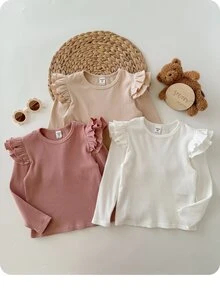 SHEIN 女婴时尚可爱精致小飞袖荷叶边家居三件套休闲纯色针织长袖上衣，多色时尚百搭秋冬款，柔软面料呵护宝宝娇嫩肌肤，是妈妈们的首选。买二送一！女婴时尚长袖上衣，女婴荷叶袖上衣，女婴长袖衬衫，幼儿荷叶袖上衣，新生儿女婴长袖衬衫，女婴罗纹上衣，秋季款 - 彩色 - 查看 2