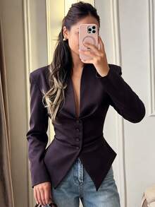 Pariaura Women's Fall Purple Lapel Deep V Waisted Blazer, Single-Breasted Long-Sleeve Slim Suit Jacket, Sophisticated Occasion Wear For Business Commuting - Purple - View 9