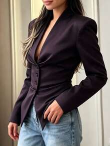 Pariaura Women's Fall Purple Lapel Deep V Waisted Blazer, Single-Breasted Long-Sleeve Slim Suit Jacket, Sophisticated Occasion Wear For Business Commuting - Purple - View 10