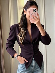 Pariaura Women's Fall Purple Lapel Deep V Waisted Blazer, Single-Breasted Long-Sleeve Slim Suit Jacket, Sophisticated Occasion Wear For Business Commuting - Purple - View 8