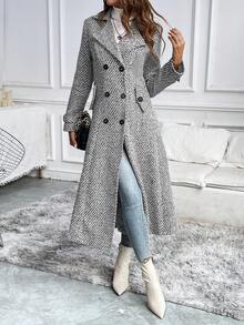 Pariaura Women's Autumn/Winter Herringbone Pattern Lapel Collar Double-Breasted Long Elegant Overcoat Fall Cloth For Women - Black and White - View 4