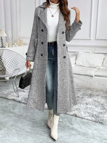 Pariaura Women's Autumn/Winter Herringbone Pattern Lapel Collar Double-Breasted Long Elegant Overcoat Fall Cloth For Women - Black and White - View 3
