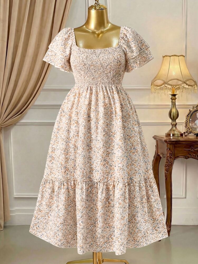 Rometta Plus Size Vacation/Leisure Ditsy Floral Print Dress With Cinched Waist Maxi Women Outfit - Apricot - View 11