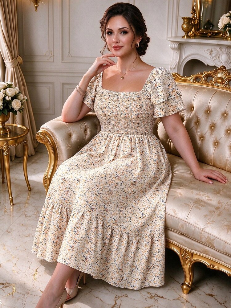 Rometta Plus Size Vacation/Leisure Ditsy Floral Print Dress With Cinched Waist Maxi Women Outfit - Apricot - View 1