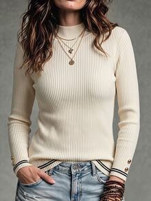 SHEIN Franclia Women's French Semi-High Neck Ribbed Knit Base Layer Top, Black And White Fit Sleeve Contrast With Buttons, Christmas Elegant Minimalist Office Fall - Apricot - View 6