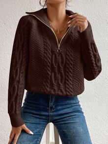 EMERY ROSE Suéter casual con cuello redondo y cremallera con patrón de cable para mujer, otoño/invierno - Marrón Chocolate - Ver 4