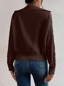 EMERY ROSE Suéter casual con cuello redondo y cremallera con patrón de cable para mujer, otoño/invierno - Marrón Chocolate - Ver 2