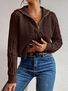 EMERY ROSE Suéter casual con cuello redondo y cremallera con patrón de cable para mujer, otoño/invierno - Marrón Chocolate - Ver 3