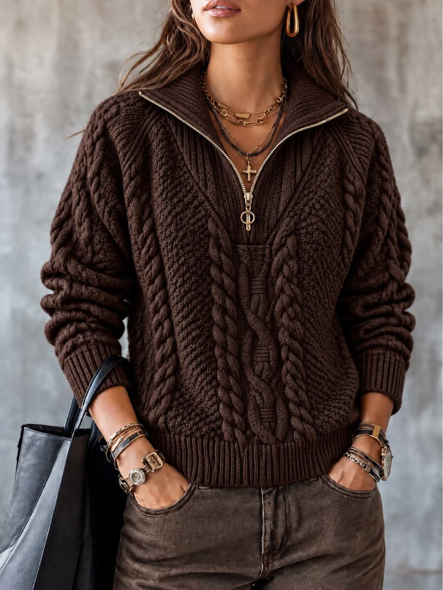 EMERY ROSE Suéter casual con cuello redondo y cremallera con patrón de cable para mujer, otoño/invierno - Marrón Chocolate - Ver 1