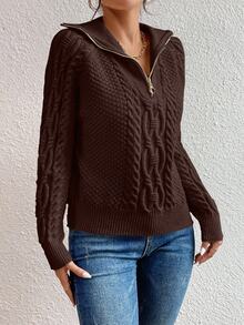 EMERY ROSE Suéter casual con cuello redondo y cremallera con patrón de cable para mujer, otoño/invierno - Marrón Chocolate - Ver 5