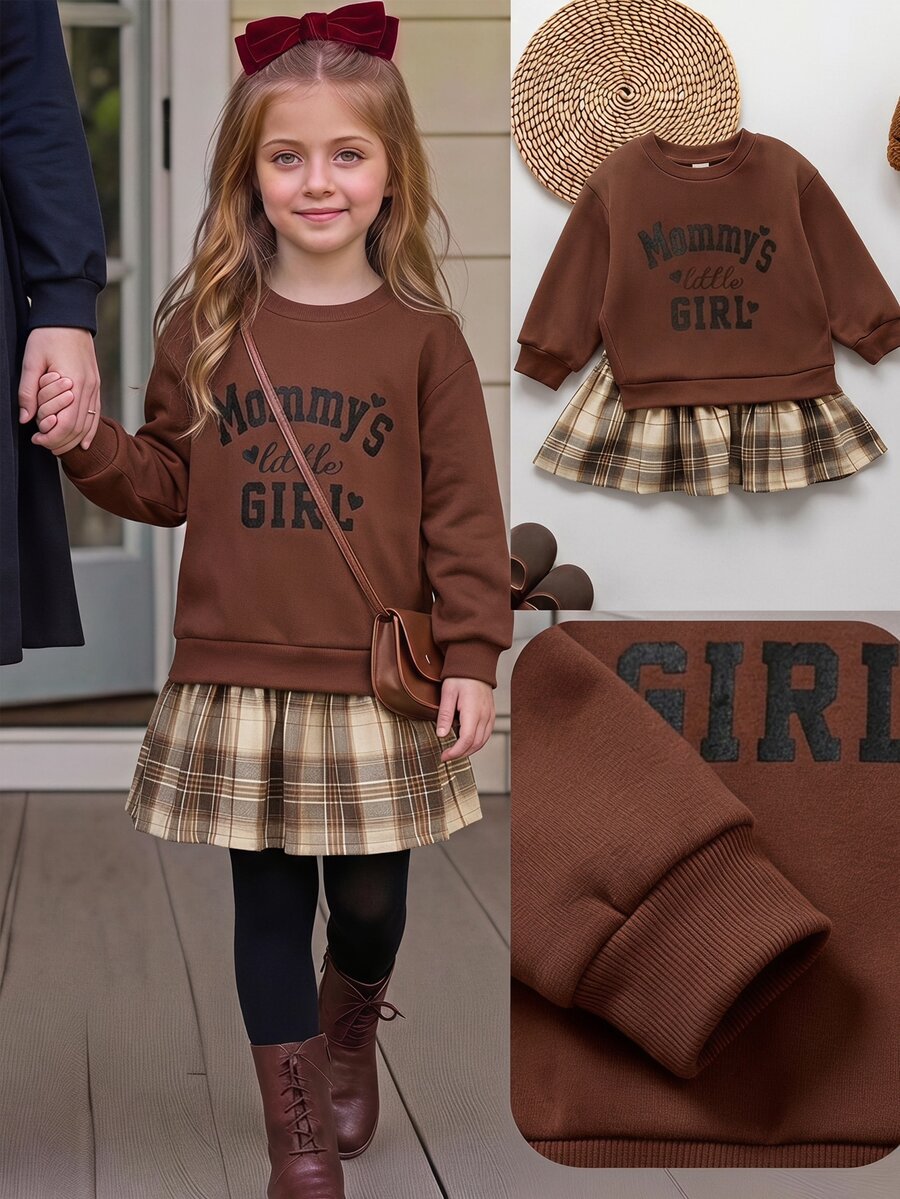 Young Girls Retro Fashion Kids Versatile Casual Everyday Wear Fall Winter,Suitable For Outings, Campus - Brown - View 1