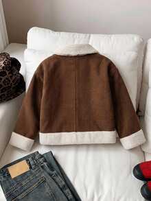 SHEIN 女童編織拼色人造毛領休閒短款冬季外套 - 咖啡棕 - 查看 6