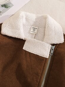SHEIN 女童編織拼色人造毛領休閒短款冬季外套 - 咖啡棕 - 查看 7