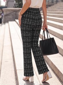 Editum 女款高腰開衩褲腳優雅法式休閒喇叭長褲 職場辦公 商業早午餐 茶會 秋冬 黑白格紋 - 彩色 - 查看 2