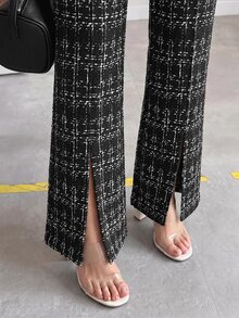 Editum 女款高腰開衩褲腳優雅法式休閒喇叭長褲 職場辦公 商業早午餐 茶會 秋冬 黑白格紋 - 彩色 - 查看 5