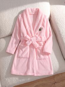 Bata de baño para niñas de franela de felpa coral rosa con cuello, bolsillos, unicolor, parche de oso bordado, cinturón minimalista, manga larga, se puede usar como toalla de natación, toalla de baño, decoración de baño, regalo de vuelta a la escuela, toalla portátil, bata de baño, decoración de baño, accesorios de baño, regalo para amigos - Rosa - Ver 4