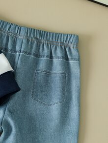 SHEIN 2件組男嬰運動衫長褲套裝 學院風海軍藍白色條紋徽章 長袖圓領 標準版 生日派對 春季 大哥哥 假日 運動 - 藍白色 - 查看 8