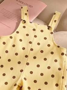 Elladie kids 女童波點印花燈芯絨連身褲，秋冬時尚休閒寬腿吊帶褲 - 黃色 - 查看 3